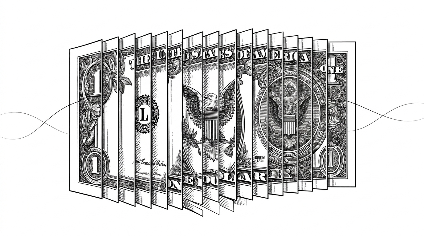 A close-up editorial scene of a banknote broken into many thin vertical slices, each slice offset slightly in depth as if it were part of a moving mechanical shutter. The composition explains how a flat image can feel three dimensional when the browser redraws it as ordered strips.