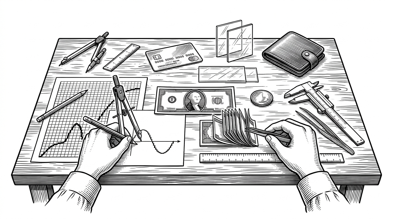 A wide editorial scene of a printmaker's workbench where money-themed pixel assets are being built like precision instruments. Drafting tools, graph paper, thin glass panes, and measuring calipers surround a banknote, card, coin, and wallet, suggesting that the real product is the method behind the visuals.