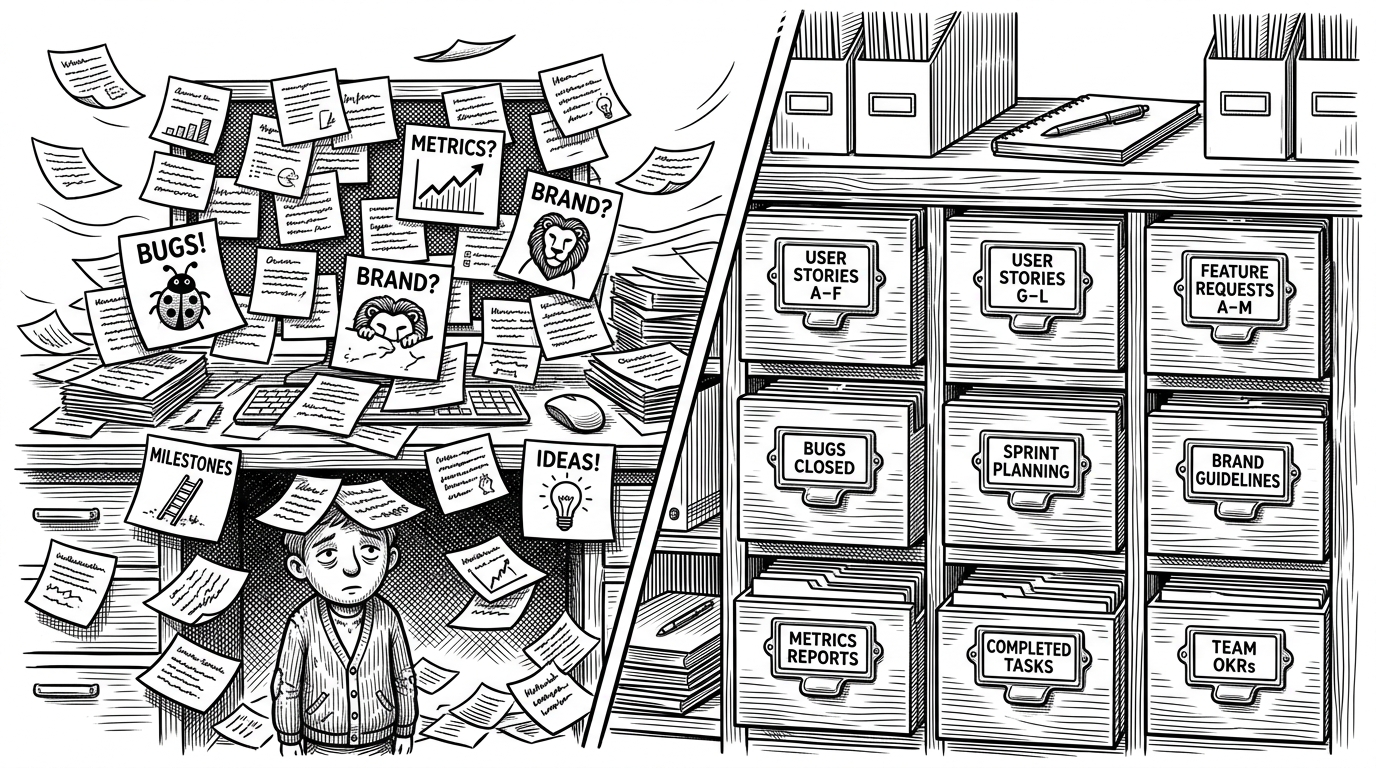A split scene showing a chaotic desk with fluttering sticky notes on the left, and a pristine vintage card catalog cabinet on the right. This contrasts scattered notes with an organized local database.