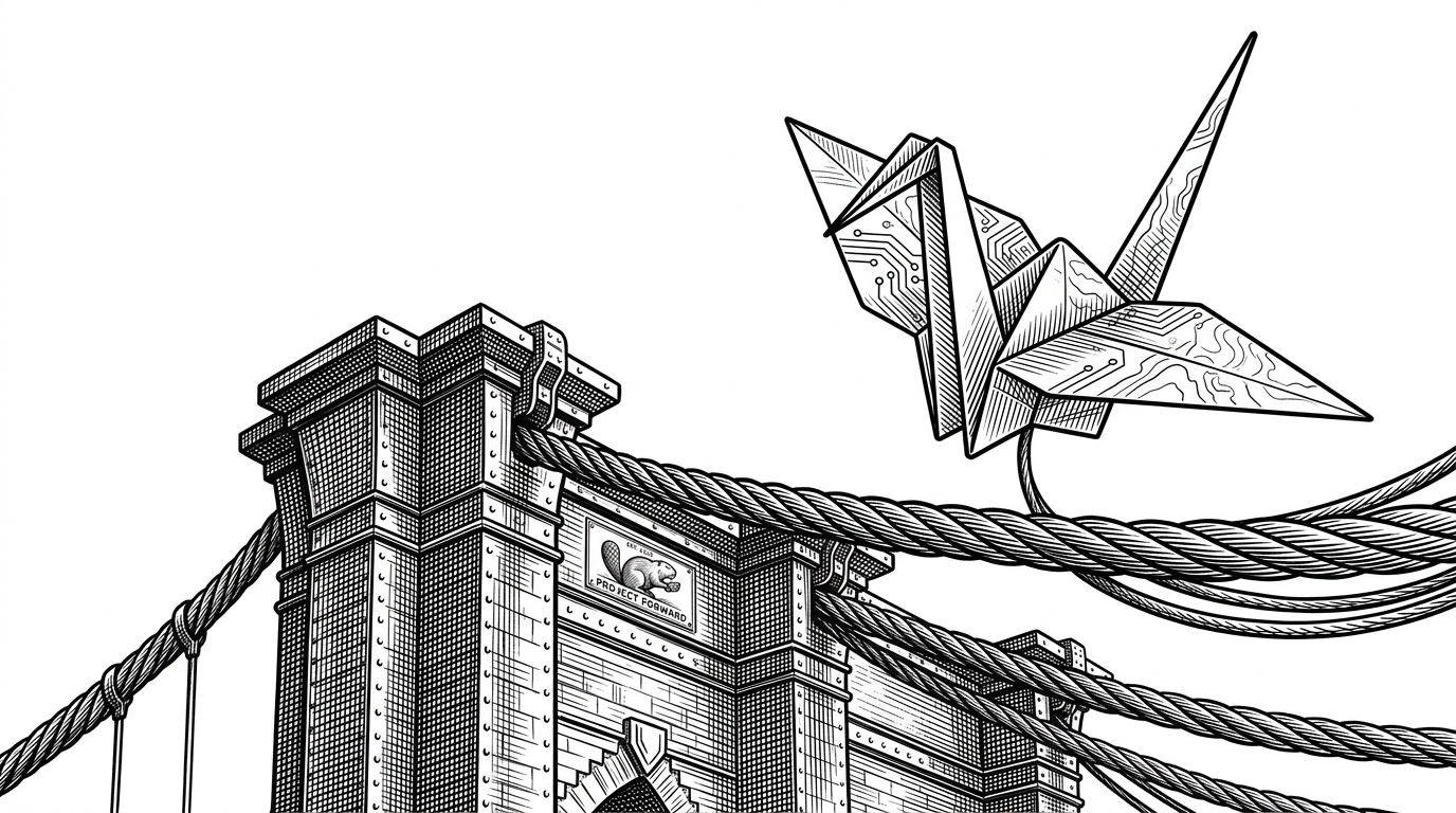 A heavy riveted iron bridge pylon anchors a suspension cable connected to a delicate origami structure. This represents the connection between the heavy Rust backend and the lightweight Vanilla JS frontend.