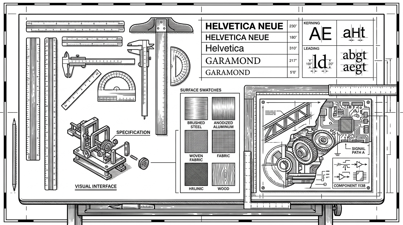 A drafting desk arranged like a product spec, with rulers, font samples, and surface swatches laid out beside a mechanical board fragment. The image explains that the project’s visual discipline comes from rules and separation of concerns, not from decoration.