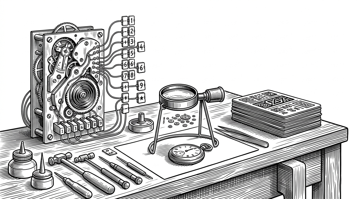 A watchmaker’s bench with tiny flap tiles wired directly into a timing mechanism on one side, and a neat stack of abstract component cards pushed aside on the other. The contrast shows why the project favors precise direct updates over a more ceremonious framework flow.