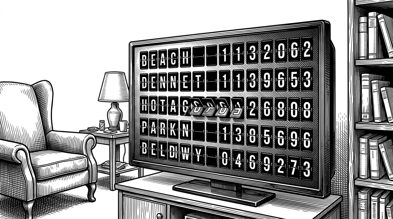 A quiet living room with a large screen transformed into a split-flap departure board. Several tiles are mid-flip while the rest sit in disciplined rows, making the display feel like a machine rather than a themed webpage. The scene explains RetroVesta’s central idea: the illusion comes from motion behavior as much as from styling.