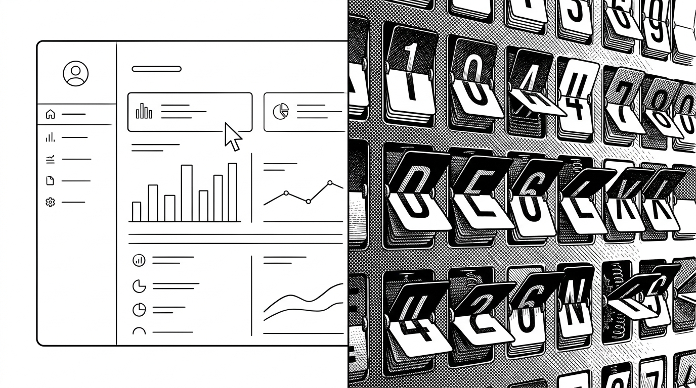 A split composition showing a flat, sterile digital dashboard on one side and a richly mechanical split-flap board on the other. The visual contrast shows the difference between a surface-level retro theme and a display that feels physically present.