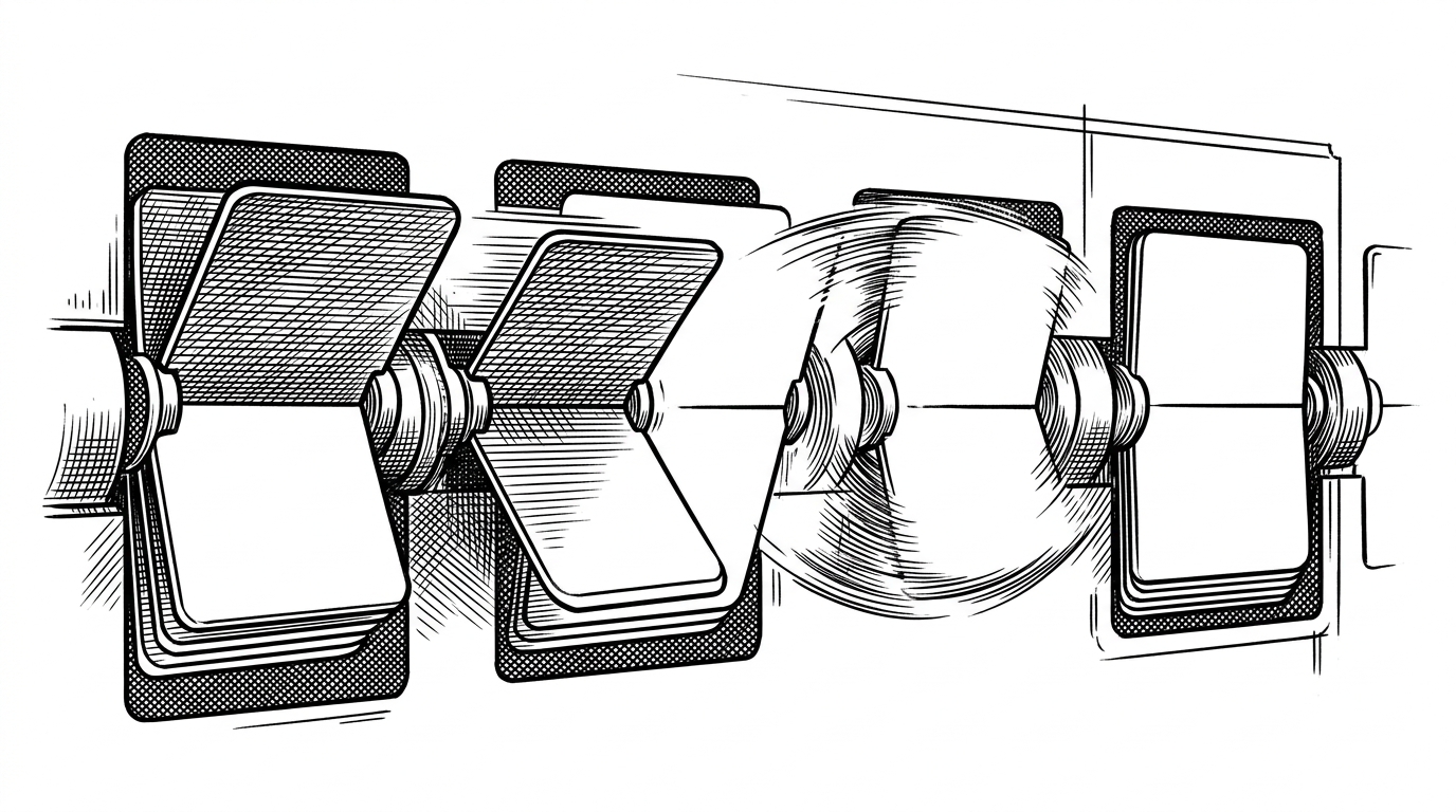 A close-up of a single split-flap cell shown across successive motion states. The tile appears to accelerate, spin through a brief blur, and then settle into place, with surrounding mechanical parts implied by tight hatching. The image explains how the project turns animation timing into the feeling of inertia.
