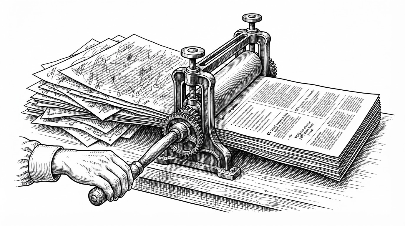 A raw stack of manuscript pages is fed through a hand-cranked editorial press and emerges as a neat article with headings, lists, and pull quotes. The image explains that shapeit is not trying to write for you in one shot, but to impose structure step by step.