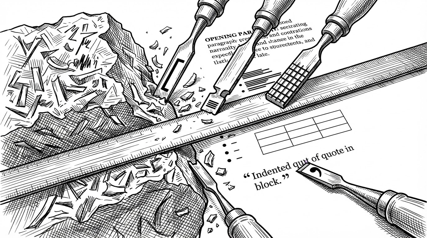 A close-up of a rough manuscript block being carved by chisels labeled opening, paragraph, list, table, and quote. A ruler keeps the cuts aligned. The image explains how shapeit turns messy material into specific editorial forms.