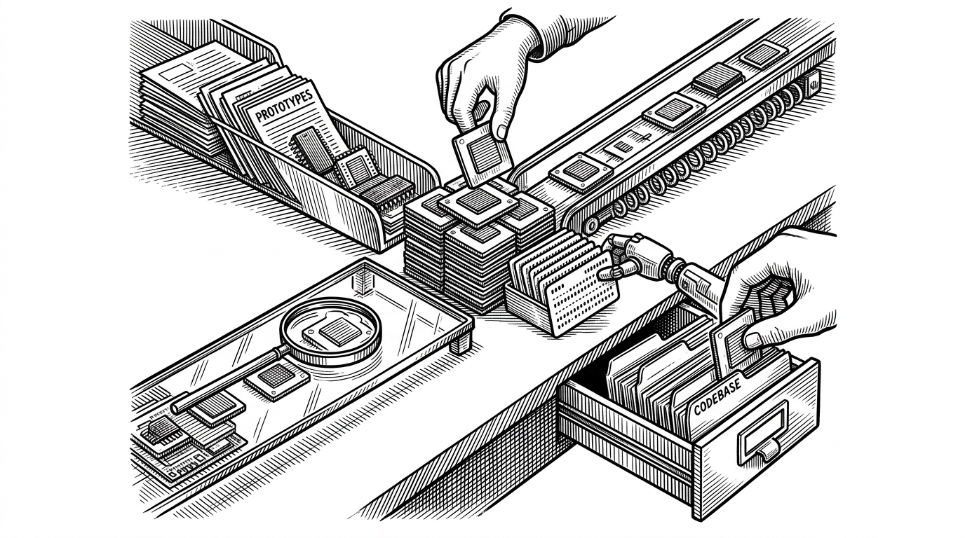 A close-up workshop view of a catalog being sorted into lanes labeled by visual metaphor. One lane feeds install, another feeds inspect, another feeds animate, and another feeds reuse. The image explains how metadata turns a component library into a system that can be searched and automated.