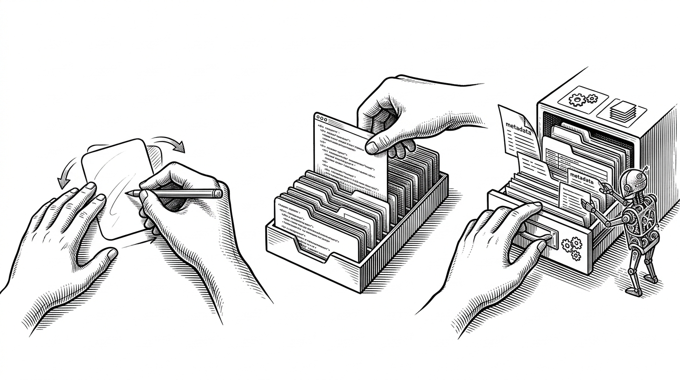 A wide workshop scene with a designer sketching a motion-rich card, a developer copying that card into a code tray, and a small catalog drawer feeding both a human and an agent-like assistant. The image explains SmoothUI as a pipeline from idea to reusable, installable UI.