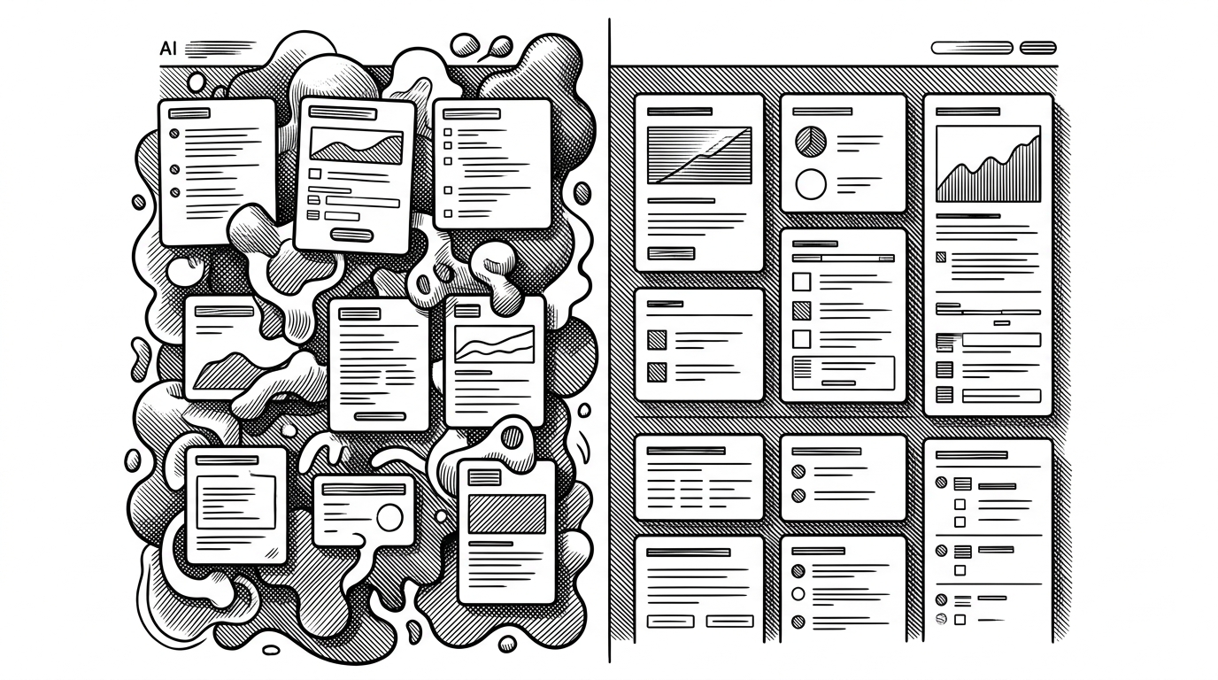 A split scene compares a generic AI dashboard with a more disciplined version of the same layout. It shows how the same content can feel generic or intentional depending on the rules that shape it.