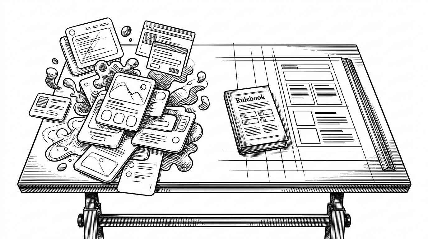A wide drafting table shows two possible AI futures for frontend work. On one side the interface is noisy and generic, on the other a rulebook channels the build into a disciplined layout. It explains that the repo is really about controlling the builder, not just styling the page.