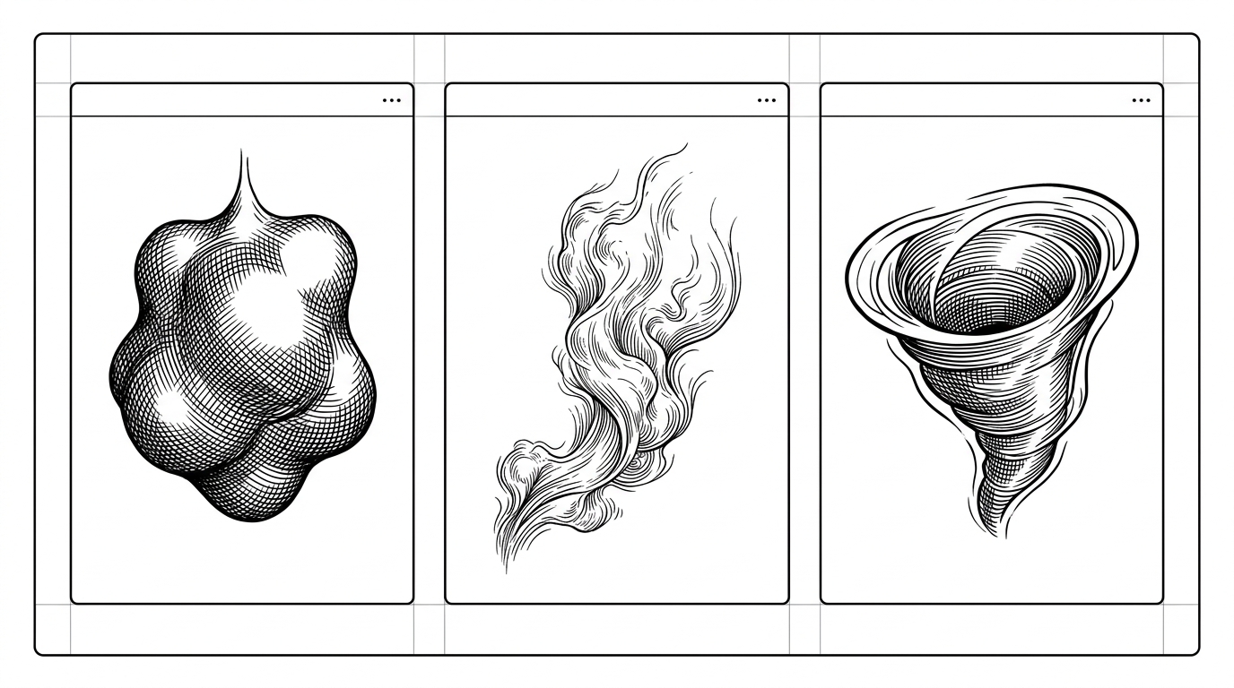 A clean gallery wall of three shader cards sits on an off-white desktop interface. Each card contains a different soft fluid form, including a suspended blob, a drifting plume, and a vortex-like swirl, showing how the project packages visual effects as reusable design objects rather than a heavy simulation scene.