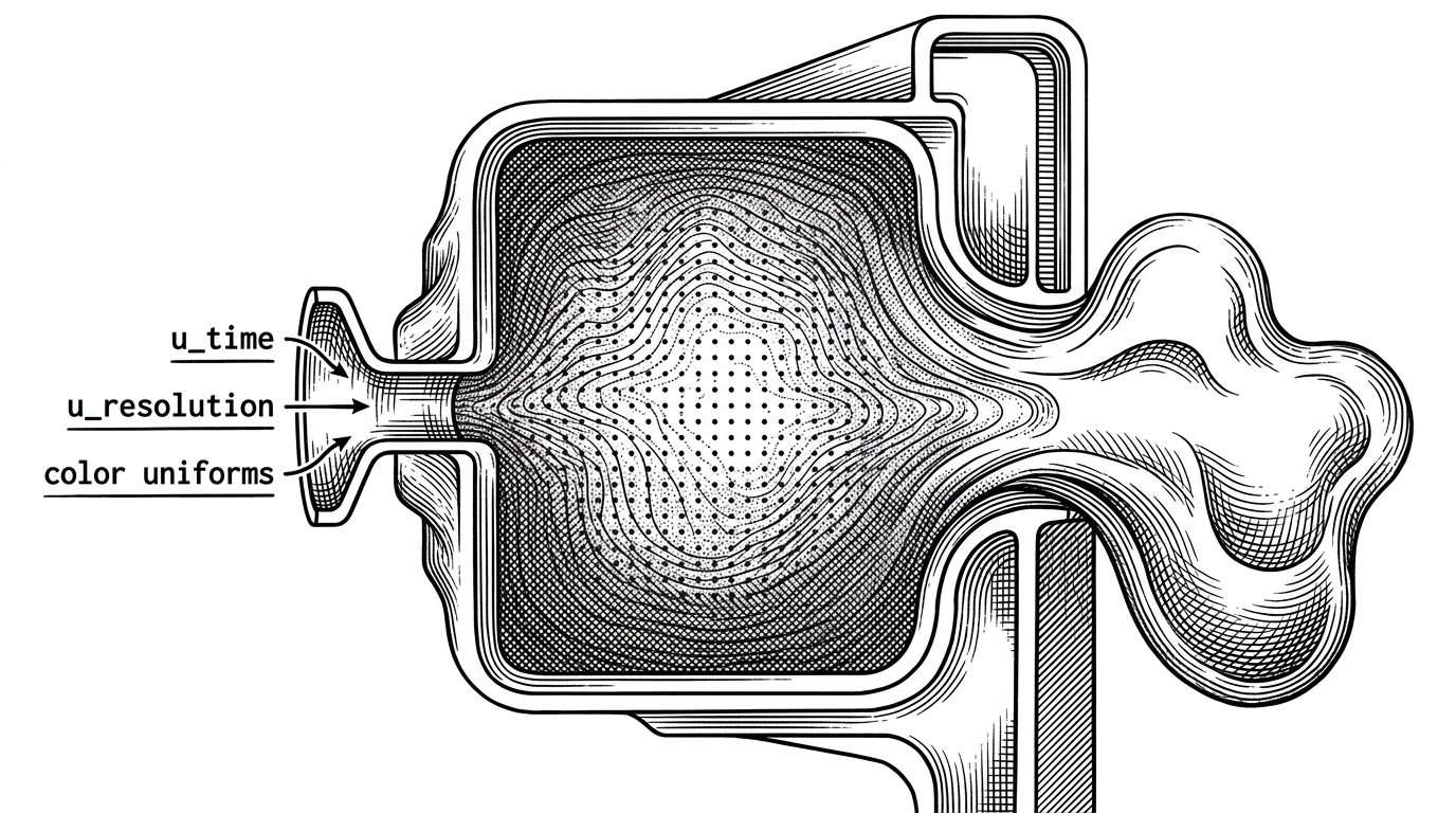 A close-up view shows uniforms feeding a fragment shader like labeled tokens. On one side are time, resolution, and color inputs. In the center, layered noise ripples through a sampled field. On the other side, those signals resolve into a soft volumetric shape, explaining how the repo turns compact math into visual depth.
