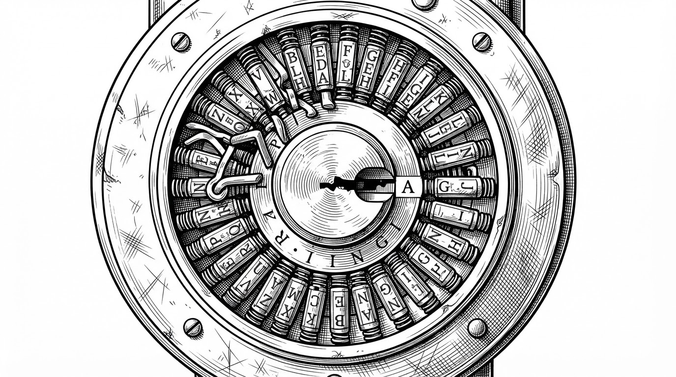 A close-up mechanical lock with 26 small pins arranged in a ring. Several pins jam because they represent repeated letters, while one clean combination releases the mechanism and turns the lock smoothly, showing how duplicate-letter collisions are filtered out quickly.
