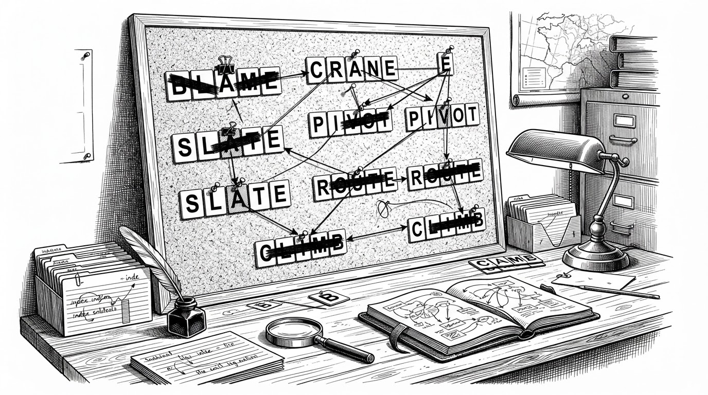 A strategist’s desk built from Wordle tiles, with several five-letter word cards arranged like a planning board. Some letters are visibly blocked out across the set, showing that the goal is not one perfect guess but a coordinated opening strategy that covers more of the alphabet.