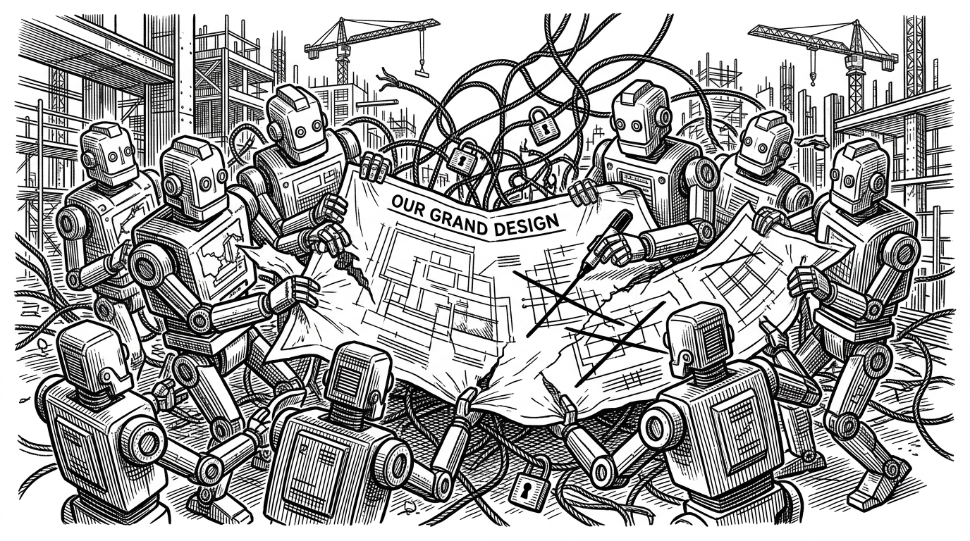 A construction site where multiple identical robot architects fight over a single blueprint, causing chaos.