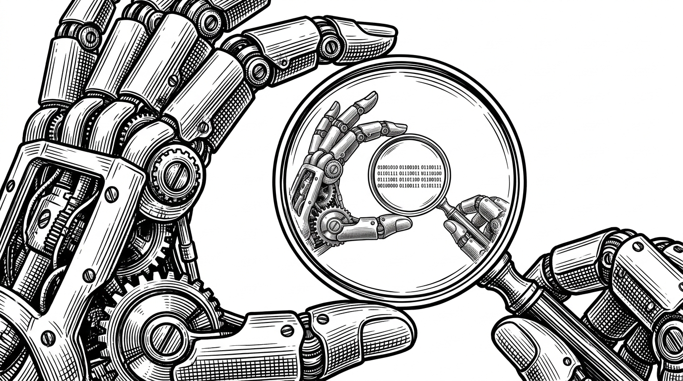 A mechanical hand holding a magnifying glass, which reflects a smaller hand holding a smaller glass, revealing a tiny line of code.