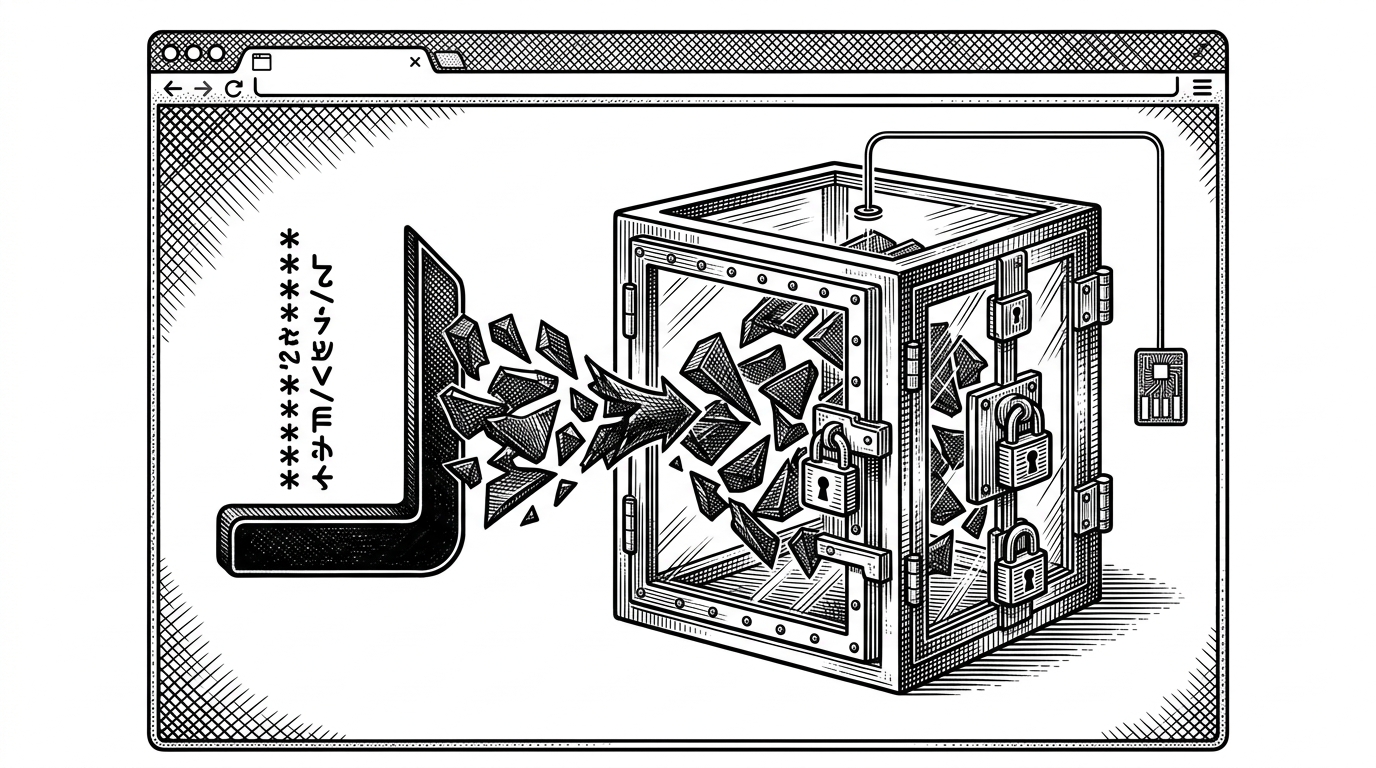 A close-up of a glass vault inside a browser, with a password entering from the left, turning into an encrypted shard in the middle, and landing in local storage on the right. A small key chip sits above the vault, showing that the system keeps the key on device rather than sending it to a cloud service.