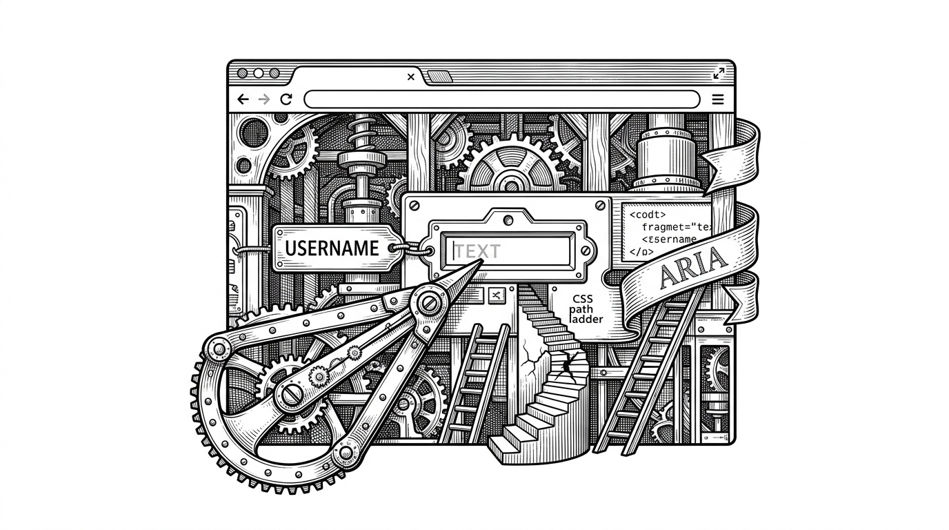 A browser window drawn like a machine workshop, with a selector compass aimed at a form field and several redundant identity clues converging on the same target. One path looks cracked, but backup signals still lead to the right element, explaining how the extension keeps working when the DOM shifts.