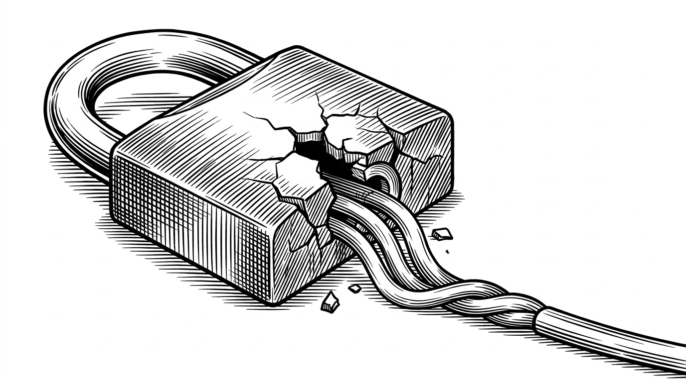 A massive, heavy industrial padlock lying broken and shattered on the ground. From the cracked open mechanism of the lock, three distinct streams of liquid flow out, braiding together into a single, sleek fiber-optic cable. This represents breaking vendor lock-in to create a unified, hardware-agnostic stream.