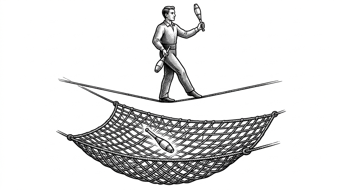 A tightrope walker balancing on a thin wire above an intricately woven safety net. A single dropped juggling pin rests safely in the mesh of the net, while the walker above continues undisturbed. This illustrates Sunshine's RetryScheduler catching display driver failures without crashing the application.