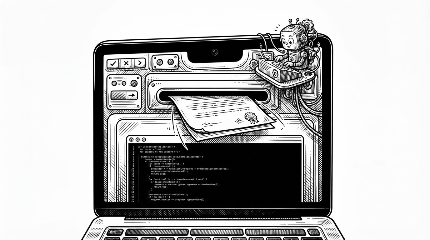A MacBook screen cropped tightly around the notch, which has become a miniature control surface. Approval buttons, a tiny animated companion, and a file being pulled into the notch all share the same space, while the terminal sits quietly below as secondary context. The scene explains how Coucou turns visual dead space into an operational layer for Claude Code.