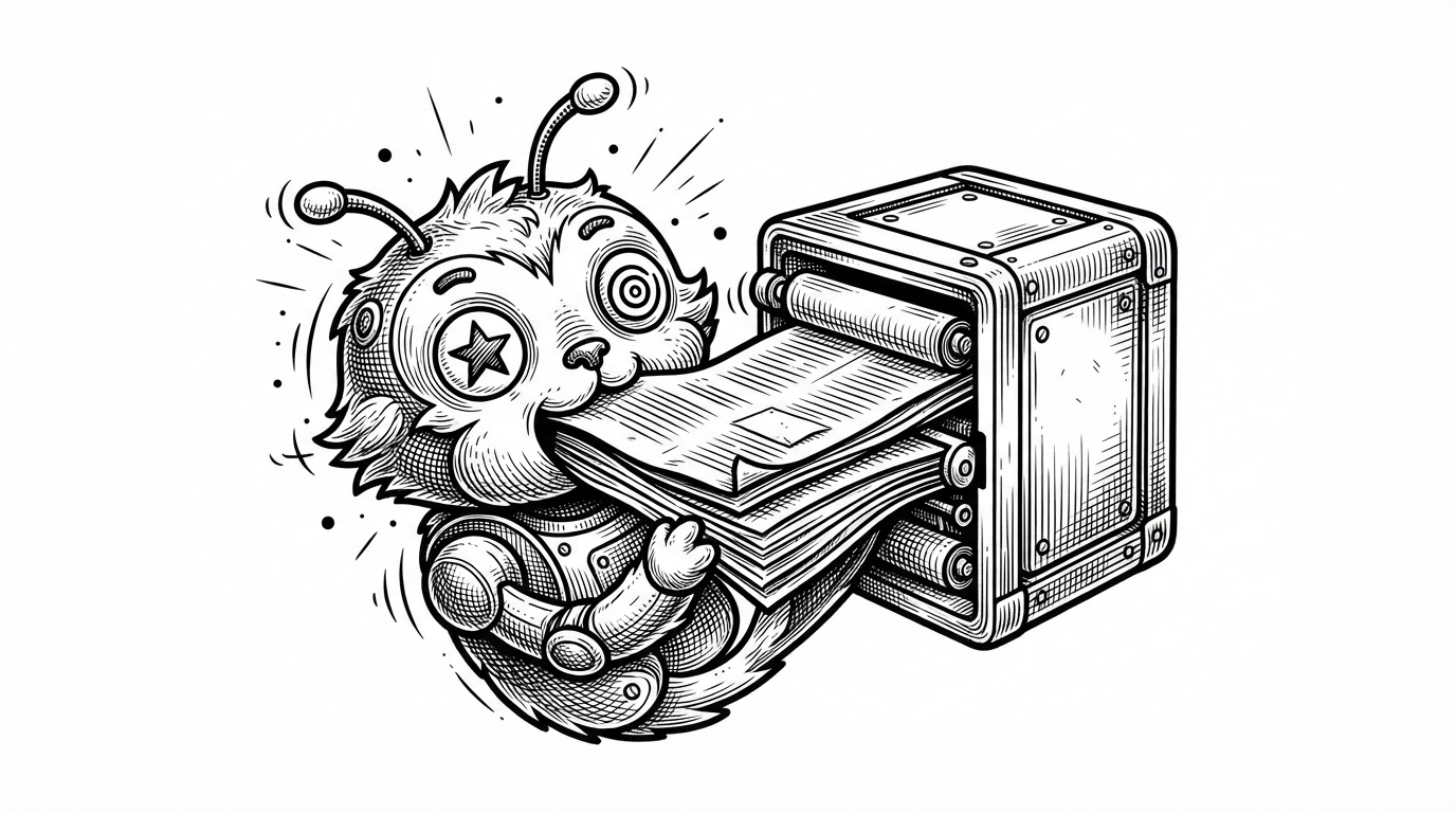 A close-up illustration of Mochi mid-transition, split between expressive mascot and functional container. One side shows changing eyes, glow, and motion cues, while the other side resolves into a box-like form receiving a file. The image explains how Coucou fuses character design with stateful interaction.