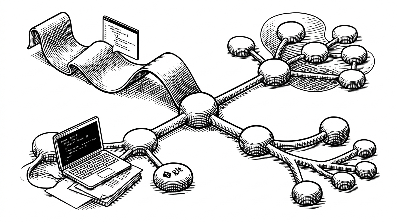 A close-up of a graph turning into several coordinated views, including a tour path, a domain cluster, and a diff impact branch. The image explains that the same underlying structure can be explored as code, architecture, or business logic.