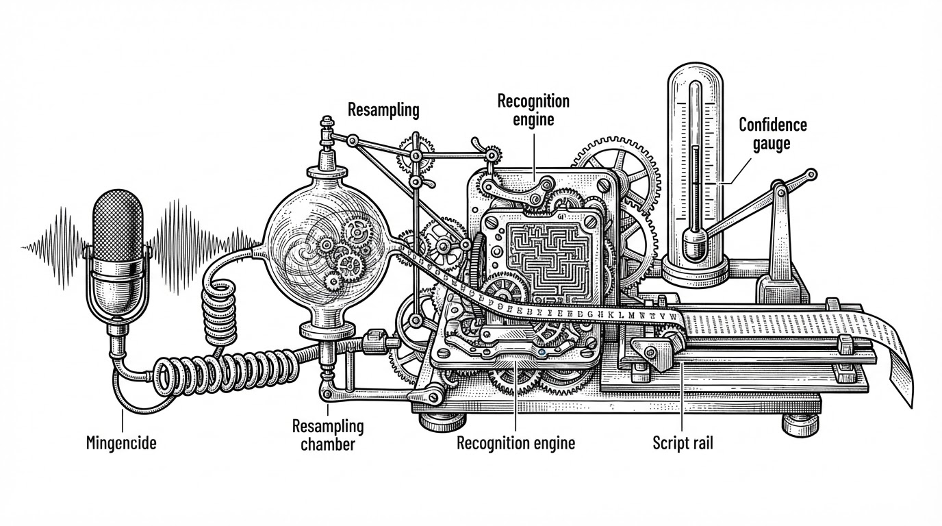 A tightly framed mechanical relay shows a microphone feeding a resampling chamber, then a recognition engine, then a script rail that steps forward when a confidence gauge crosses a threshold. The image explains that Flow advances by speech recognition, not by a fixed timer.