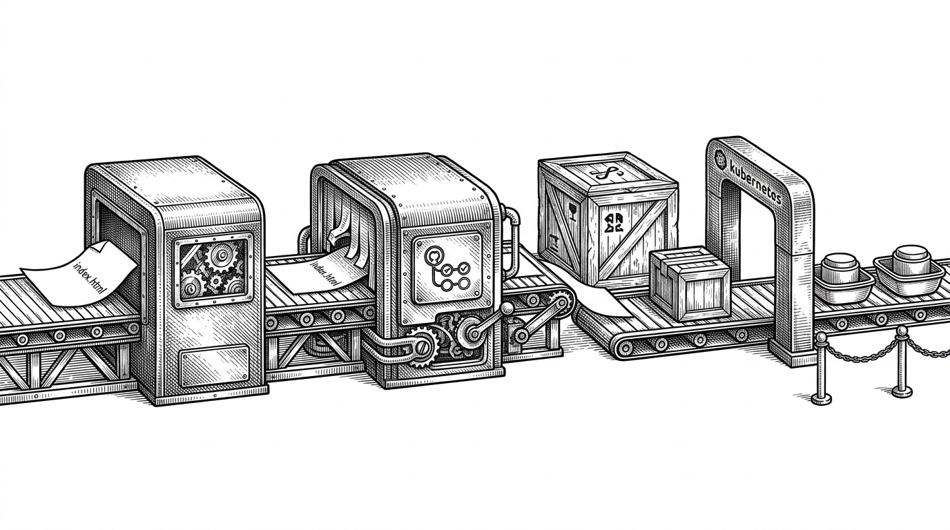A single sheet of paper marked index.html moves through a layered conveyor of build and deployment machinery. It passes a sealed GitHub Actions chamber, a token exchange gate, an ECR shipping crate, and a Kubernetes dock with two pods waiting on the far side. The scene explains that the app is tiny, but the delivery chain is deliberately serious.