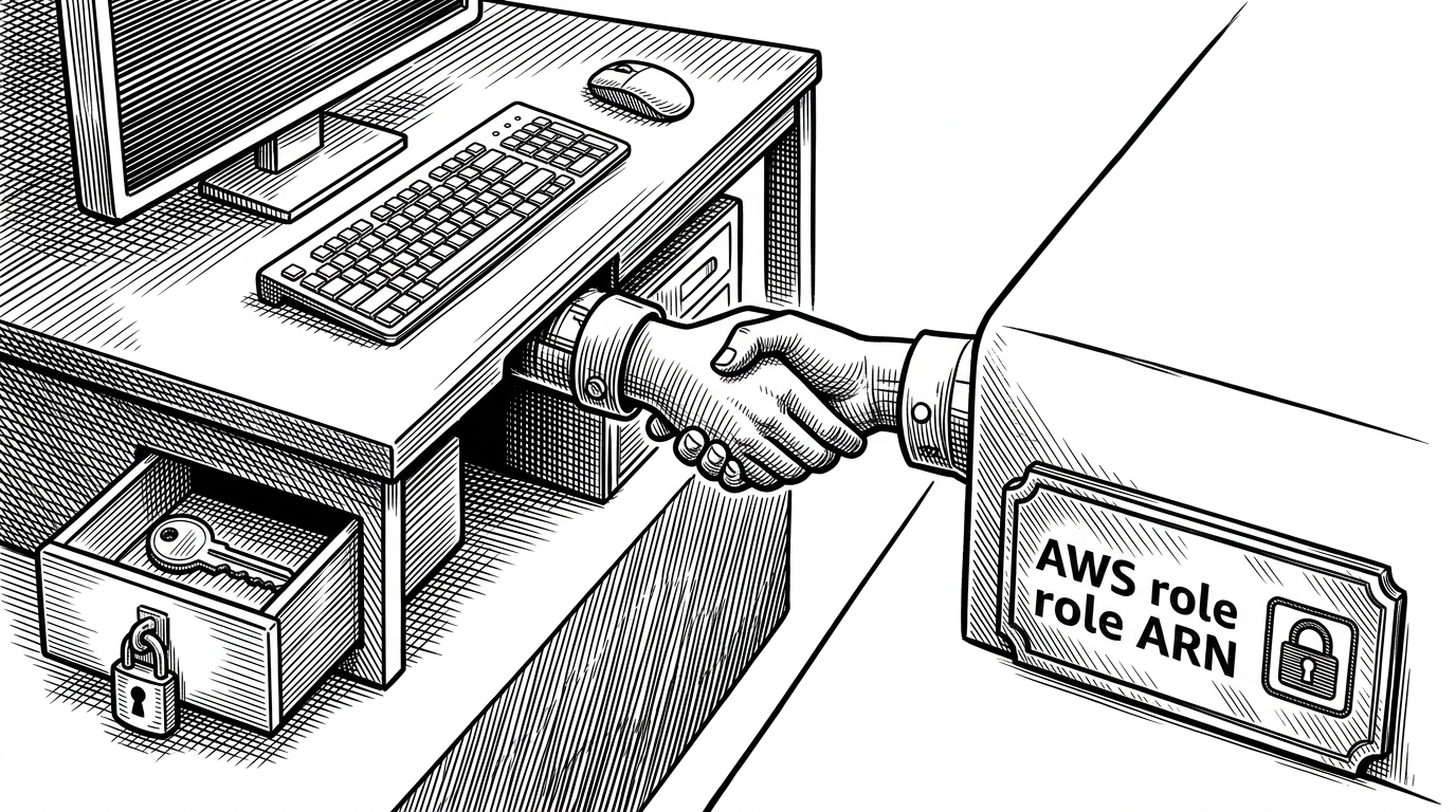 A GitHub Actions runner reaches across a narrow gap to exchange a short-lived token with an AWS role gateway. A locked drawer labeled access key sits off to the side and remains unused. The image explains how secretless authentication replaces stored AWS credentials with a temporary trust exchange.