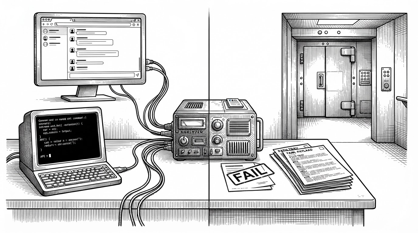 A split security lab scene with a browser chat window on one side and an API terminal on the other, both feeding into a single inspection desk. On the desk is a stamped verdict card reading FAIL beside stacked YAML payload sheets labeled by attack type. The image explains that LLMShield normalizes different interfaces into one security test pipeline.