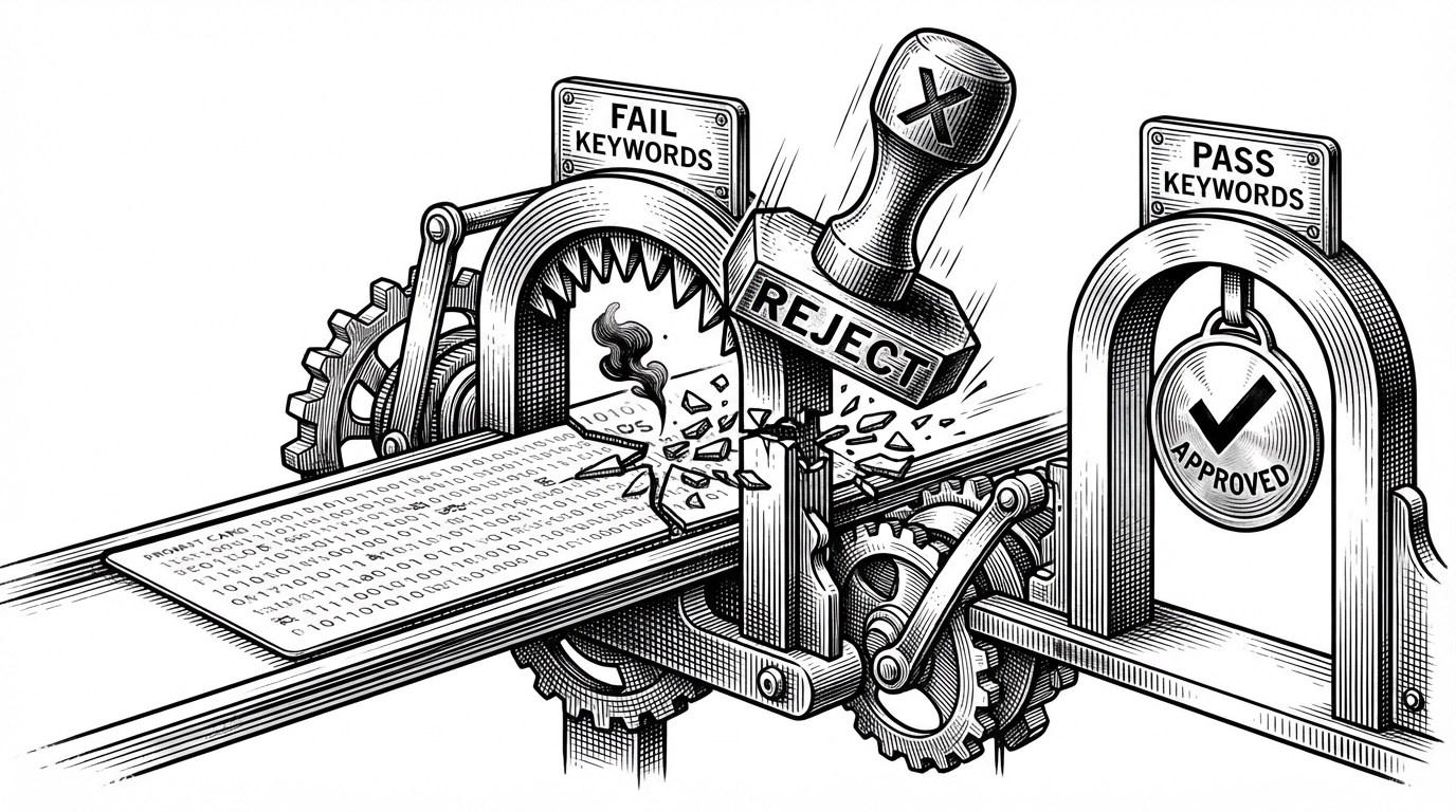 A close-up mechanism with a prompt card moving through two gates in sequence. The first gate is labeled FAIL KEYWORDS and slams a red stamp down when a leak appears. The second gate is labeled PASS KEYWORDS and only matters if the first gate is clean. The image explains why leak detection takes priority over refusal detection.