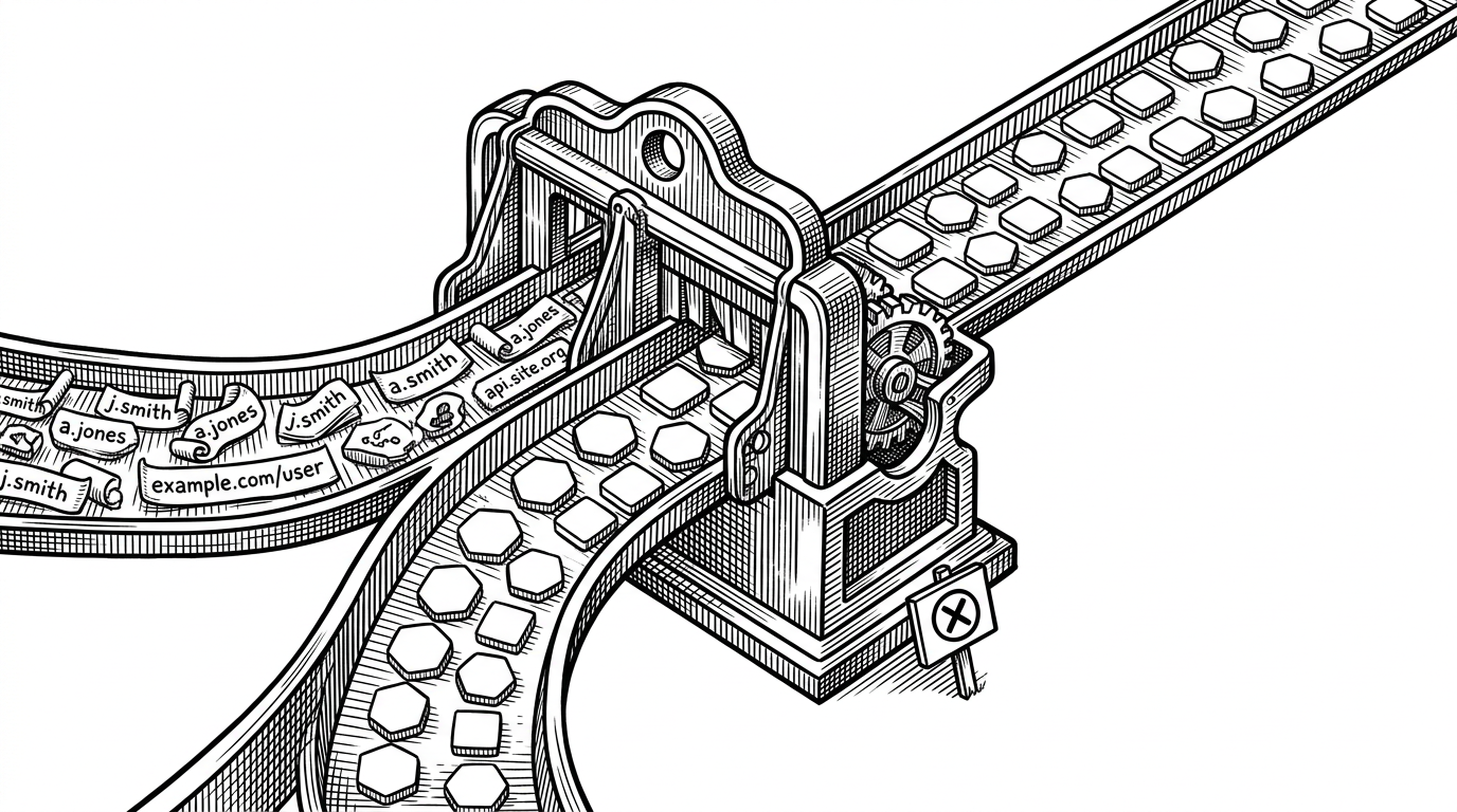 Two input paths move toward a sorting gate. One path carries specific names and URLs, while the other carries normalized placeholders like TARGET and SAMPLE. On the far side, the same reasoning engine keeps moving, while a small refusal sign stays outside the gate. The image explains how abstraction changes what the model sees before it reasons.