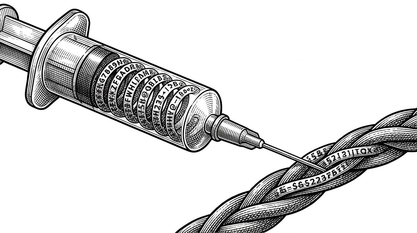 A close-up of a glass syringe filled with a tightly coiled glowing string of typographic characters injecting into a thick braided fiber-optic cable.