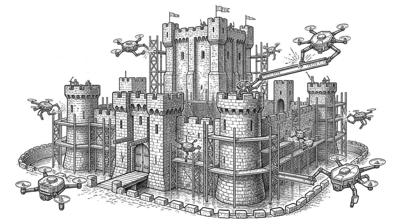 A massive ancient stone fortress surrounded by modern steel scaffolding erected by autonomous robotic drones. The scaffolding contours perfectly to the old stone without piercing it, illustrating the concept of building modern infrastructure around a legacy monolith.