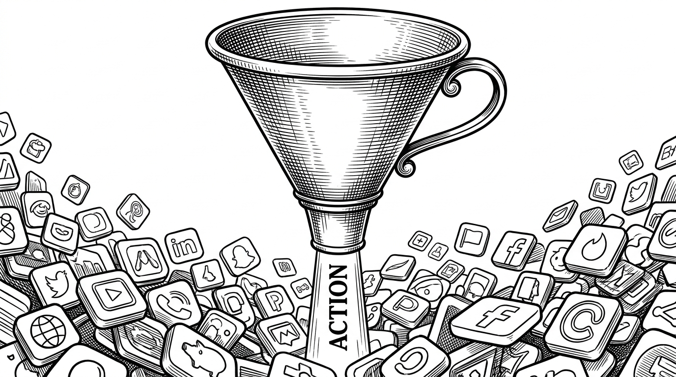 An illustration of a massive funnel concentrating chaotic app icons into a single, organized beam.