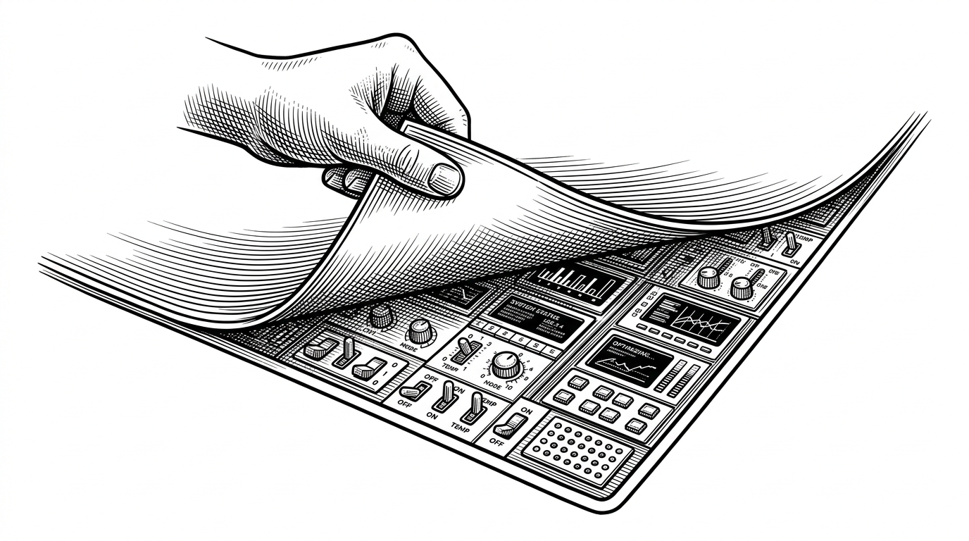 An illustration of a hand lifting the corner of a clean floor to reveal complex wiring and control panels underneath.