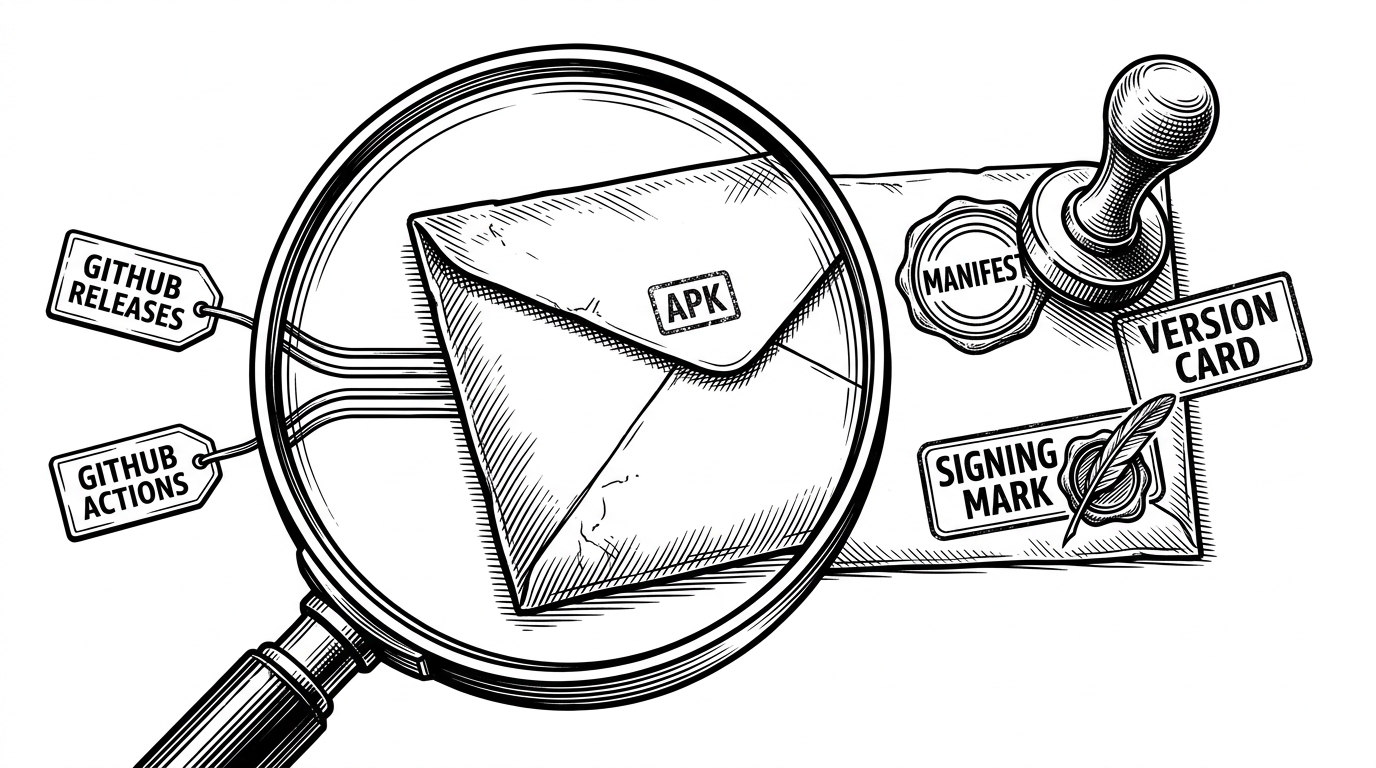 A close-up black-ink scene of a single APK envelope under a magnifying loupe. On the left, a GitHub Actions artifact tag and a release asset tag feed into the file. On the right, the same file receives a manifest stamp, a version card, and a sealed repository mark. It explains how the project turns one binary into a validated package entry.
