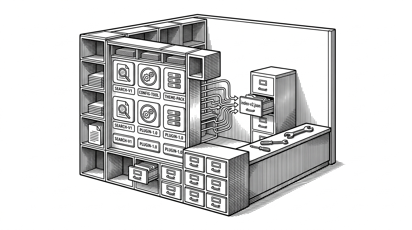A medium editorial scene of a tiny storefront window built from shelves and catalog cards. Behind the wall, a single file cabinet labeled `index-v2.json` feeds the display, while the front window shows neatly arranged app tiles. It explains that the user interface is a thin layer over generated static data.