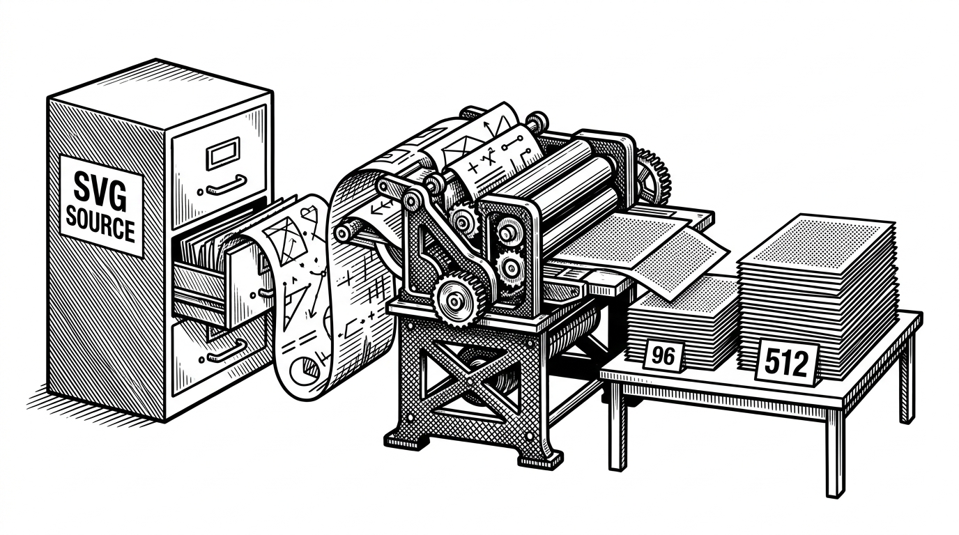 A filing cabinet labeled SVG feeding a small press that outputs two tidy stacks of raster sheets marked 96 and 512. The image explains that the repository treats SVG as the source of truth and uses a simple export step to produce consistent PNG sizes.
