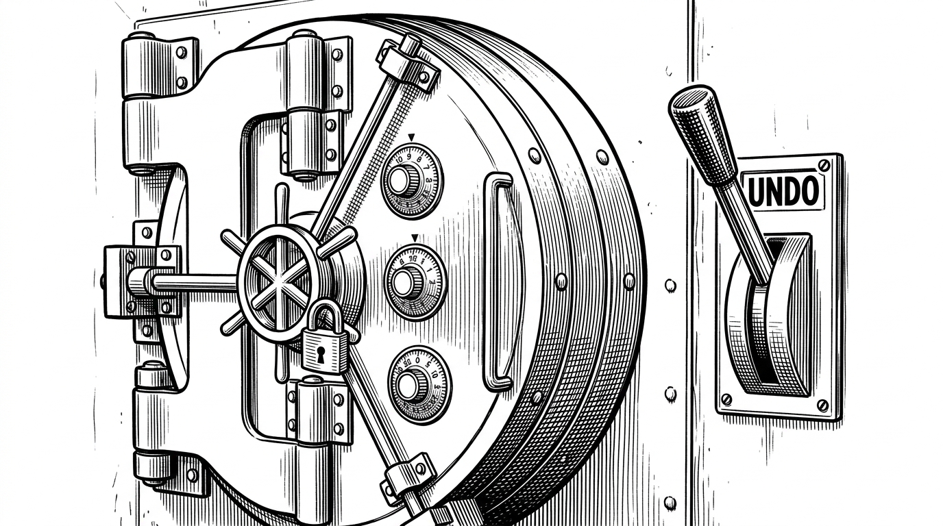A heavy industrial bank vault door fitted with multiple analog combination locks and a master padlock. Next to it is a large mechanical lever labeled 'UNDO', representing the system's instant rollback capabilities.