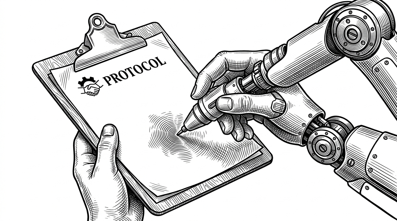 A modern robotic arm being guided by a human hand holding a classic wooden clipboard. It illustrates the core tension of advanced AI constrained by human-readable verification.