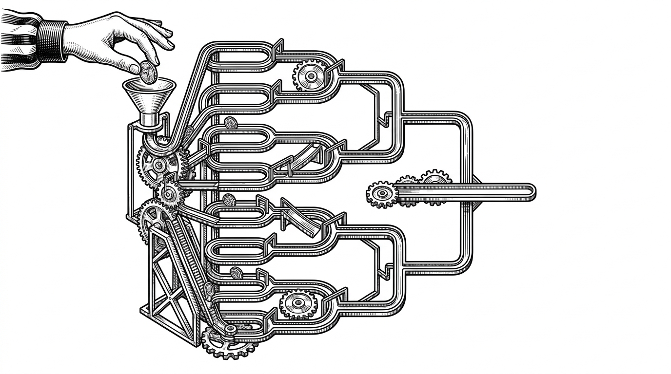 A wide editorial illustration of a Taekwondo bracket rendered like a mechanical rules machine. Seeding lanes, byes, and a final championship path are built into gears and channels, while a referee hand drops a token that starts the flow. It explains that this app is not just drawing brackets, it is encoding competition logic.