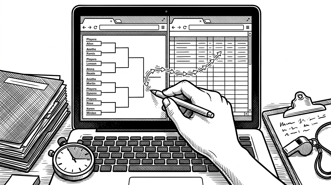 A close-up illustration of a tournament control desk with two browser tabs, a bracket board, and a local state ledger. One organizer changes a match result and the update ripples to the other tab without breaking the flow. It explains why persistence and tab synchronization matter in live sports operations.
