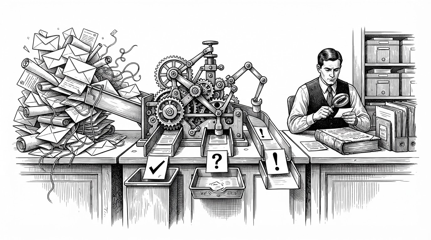 A wide editorial scene shows a support desk split into three lanes. Incoming emails stack up on the left, a judgment station in the center stamps cases as Auto Resolve, Review Required, or Escalate, and a human operator reviews the flagged cases on the right beside a policy ledger and reference files. The image explains that the system is built around controlled triage, not blind automation.