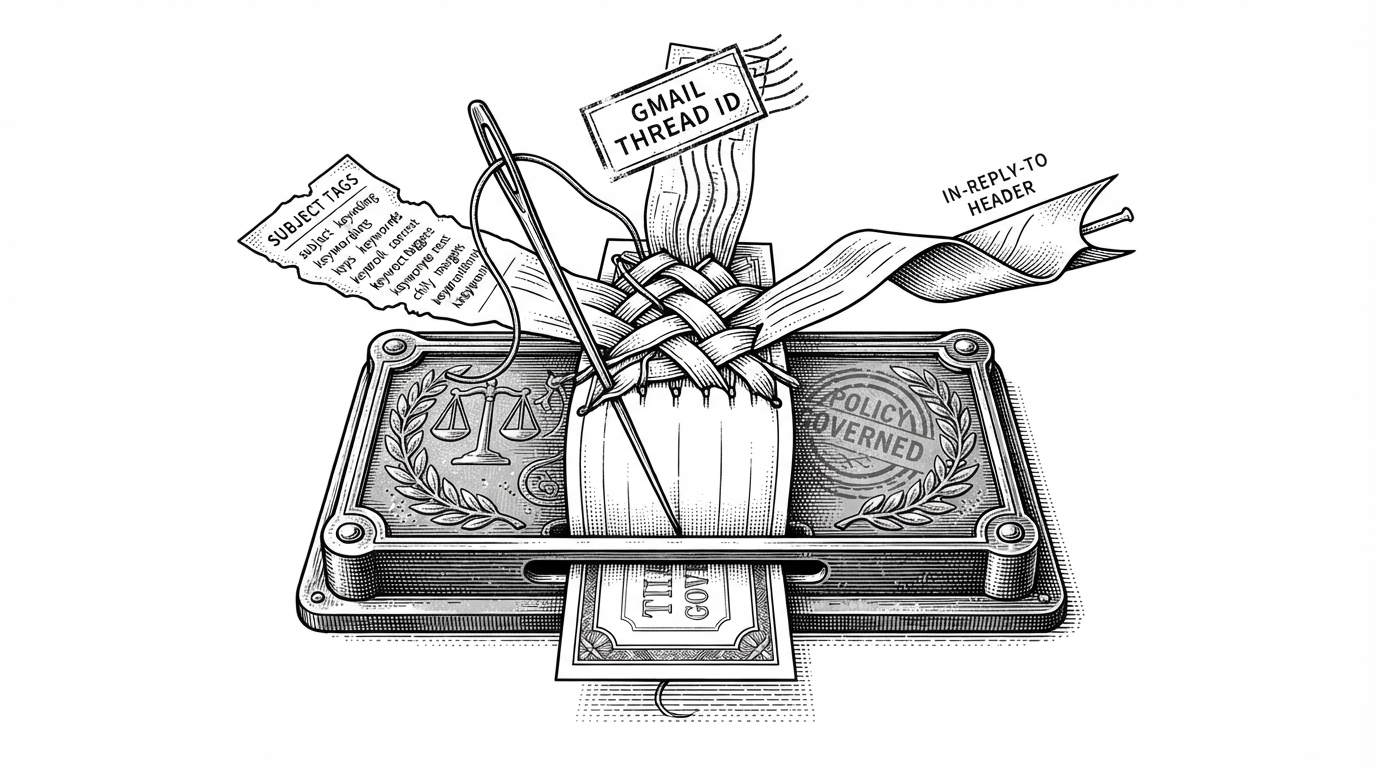 A close-up diagram-like editorial scene shows three fragments of a customer message being stitched together: subject tags, a thread ID tag, and an In-Reply-To header ribbon. They converge into one ticket card that then feeds a policy-backed decision box. The image explains that message identity resolution is what makes the workflow operationally real.