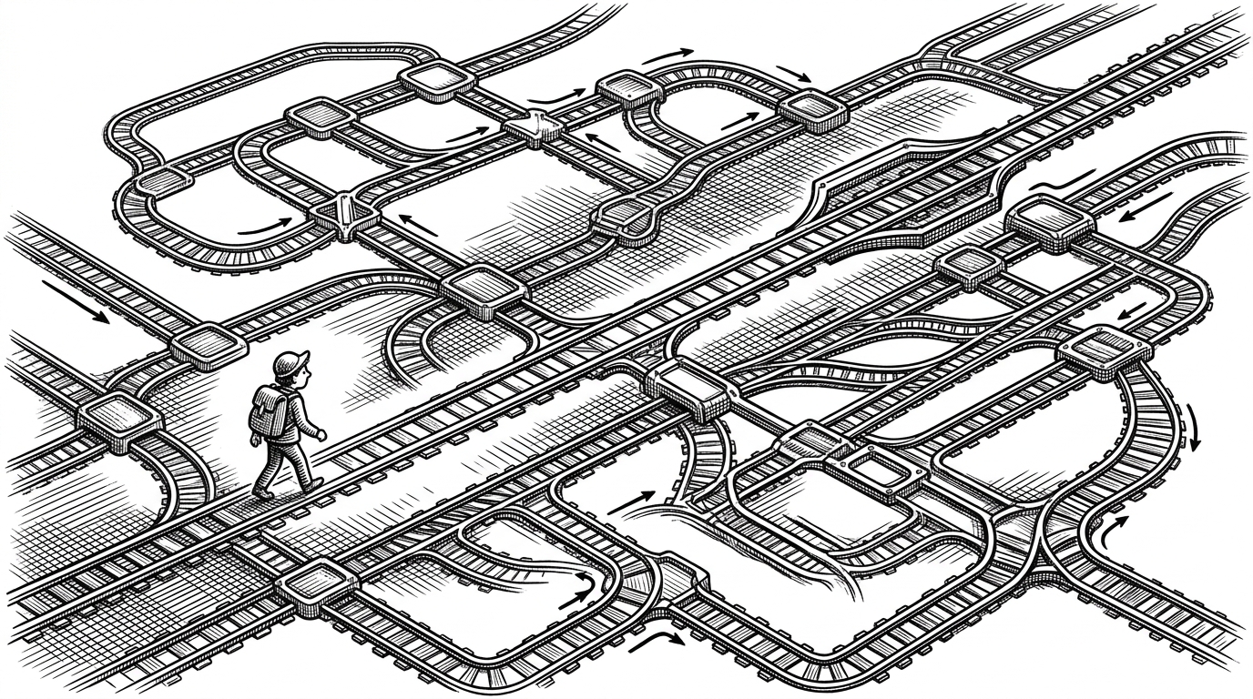 A wide editorial scene of a competitive programming curriculum drawn like a railway map, with one learner moving from early topics into branching advanced nodes. The lit path suggests that progress depends on unlocked prerequisites, not a flat list of problems.
