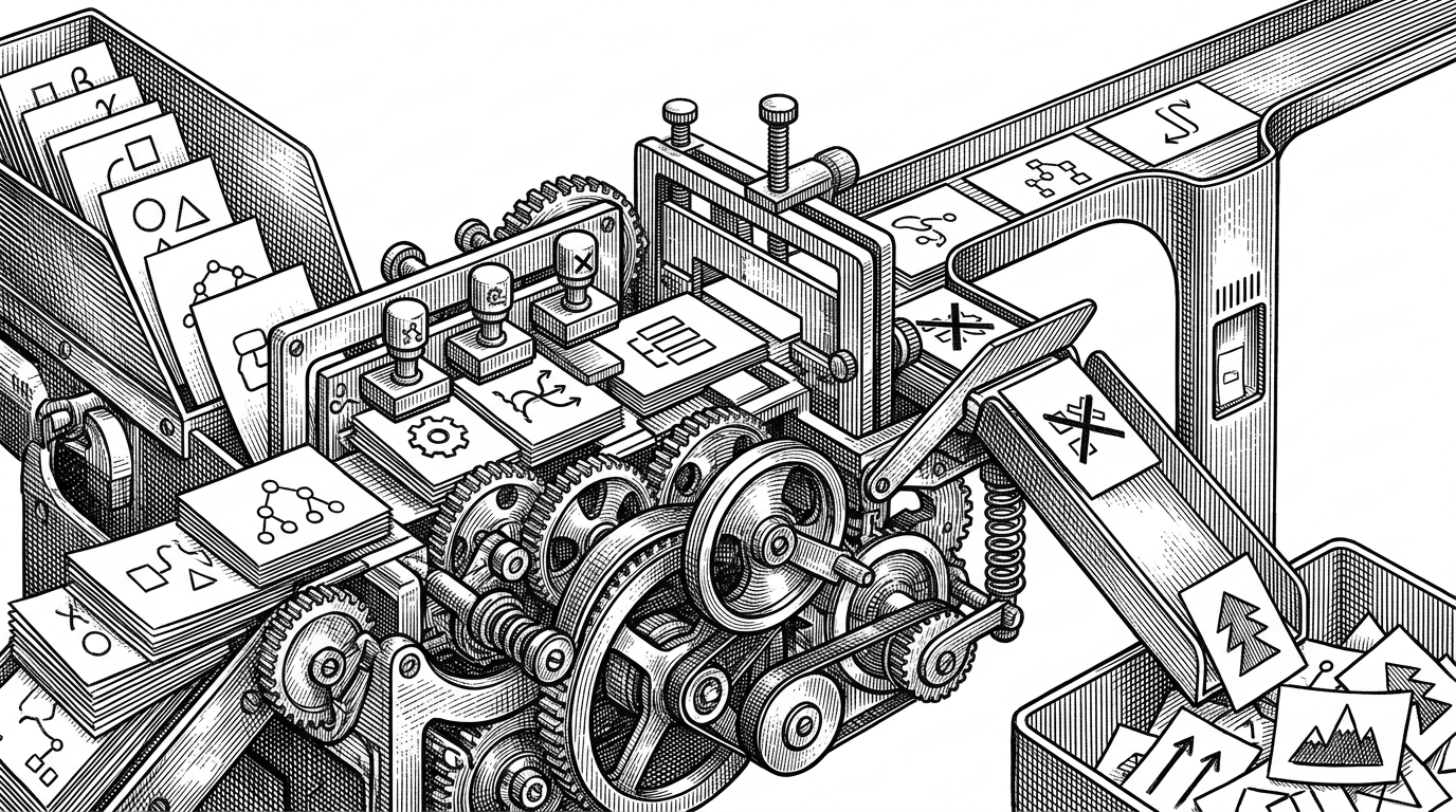 A close-up mechanical sorting desk where problem cards enter from the left, pass through a prerequisite gate, then slide into difficulty bands before weakly matched cards fall into a stretch-goal tray. The scene explains how the recommender filters practice instead of simply ranking it.