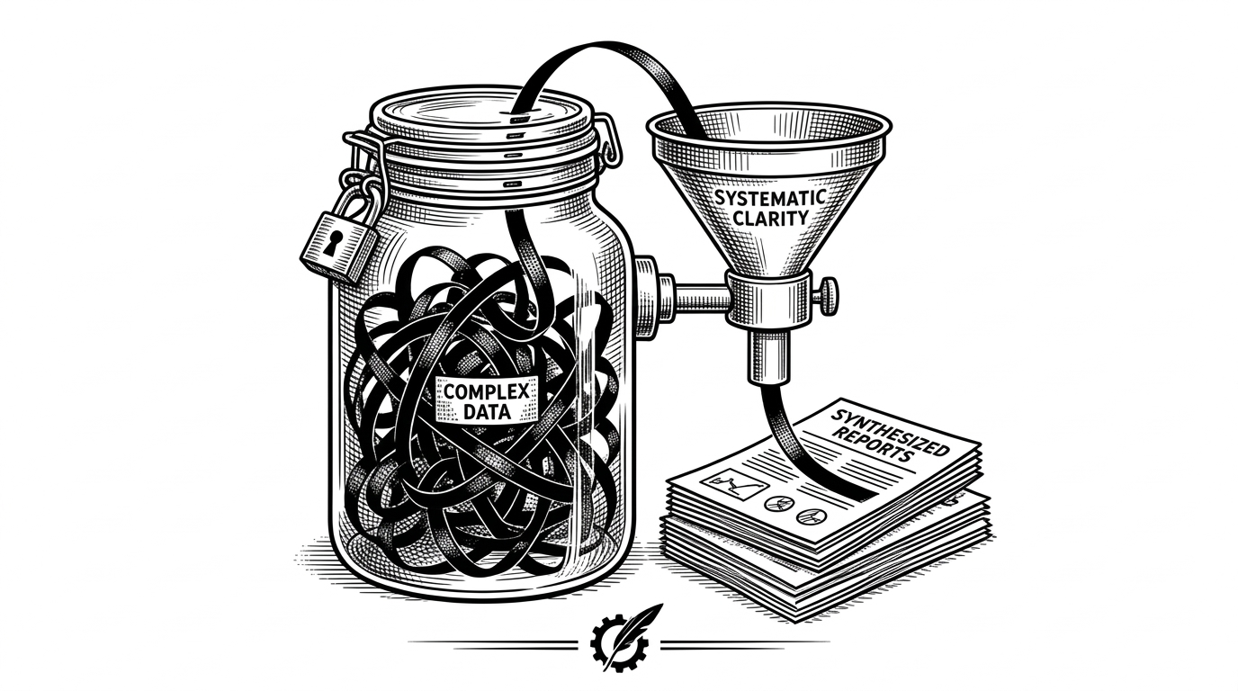 A locked glass jar filled with a chaotic, tangled ball of black tape, with a precise mechanical funnel extracting the tape and neatly printing it into organized stacks of paper documents.